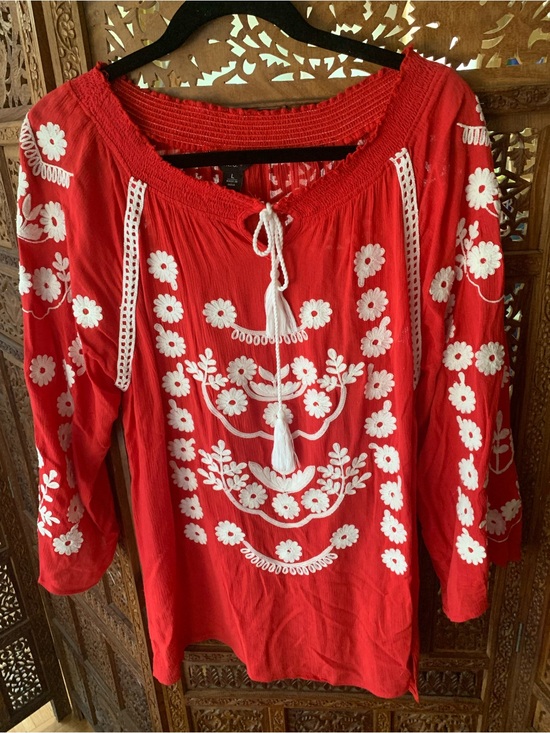 intro. Tops - intro. Red Embroidered Peasant Tunic with White Floral Detail